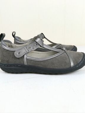 JBU Gray Suede Mary Jane Flats with Metallic Trim Size 7 Faux Leather
